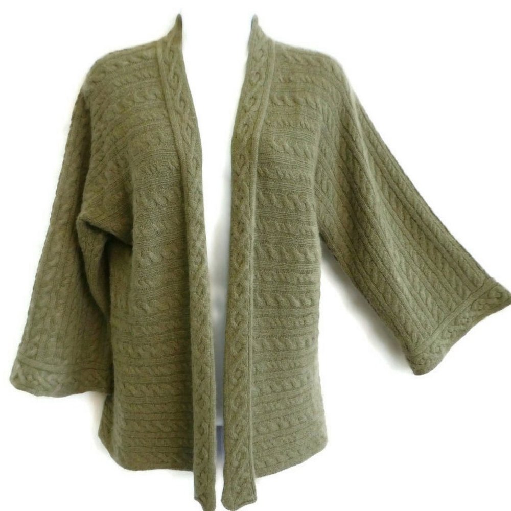 Kenar Pure CaSHMeRe Cardigan 3D Cable Knit Green Open Front Wide Bell Sleeves M